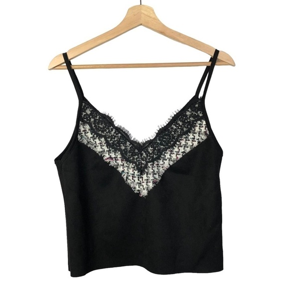 Zara Black Faux Suede Wool Tweed Embroidered Tank Top M - Picture 2 of 5